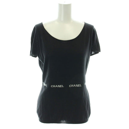 Chanel Knit Short Sleeve Cotton Logo Black Sweater 42