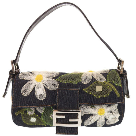 Fendi Flower Mamma Bucket Denim Leather Bag Handbag