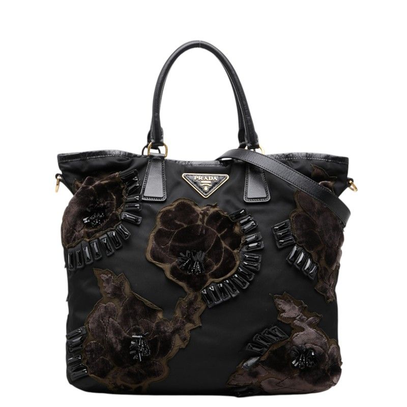 Prada Beads Flower Tote 2-Way Shoulder Bag Black Nylon