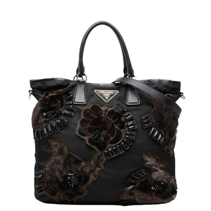 Prada Beads Flower Tote 2-Way Shoulder Bag Black Nylon