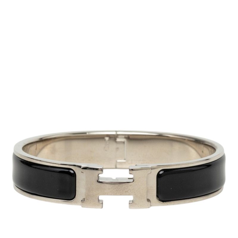 Hermes Clic H Bracelet Bangle Silver Black Metal Enamel