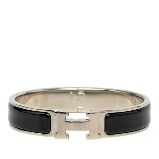 Hermes Clic H Bracelet Bangle Silver Black Metal Enamel