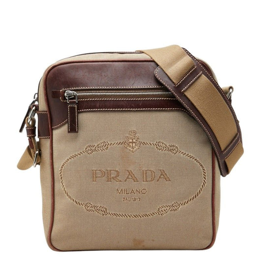 Prada Logo Jacquard Crossbody Shoulder Bag Beige Brown Canvas Leather