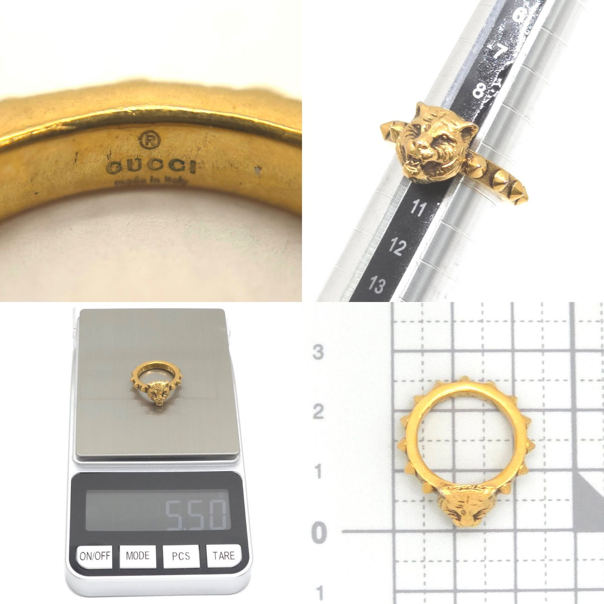 Gucci Cat Head Studs Ring Gold Tone Metal Aging Finish — view 7