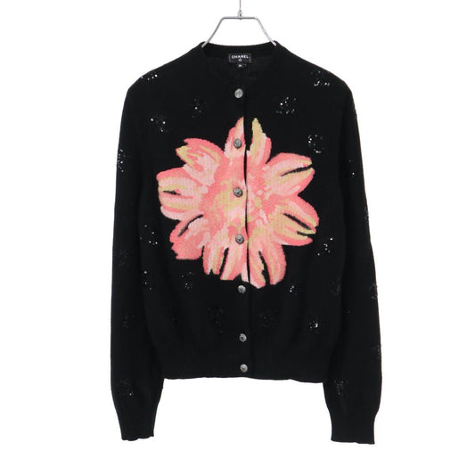 Chanel CC Logo Sequin Flower Cashmere Knit Cardigan Black Pink 36