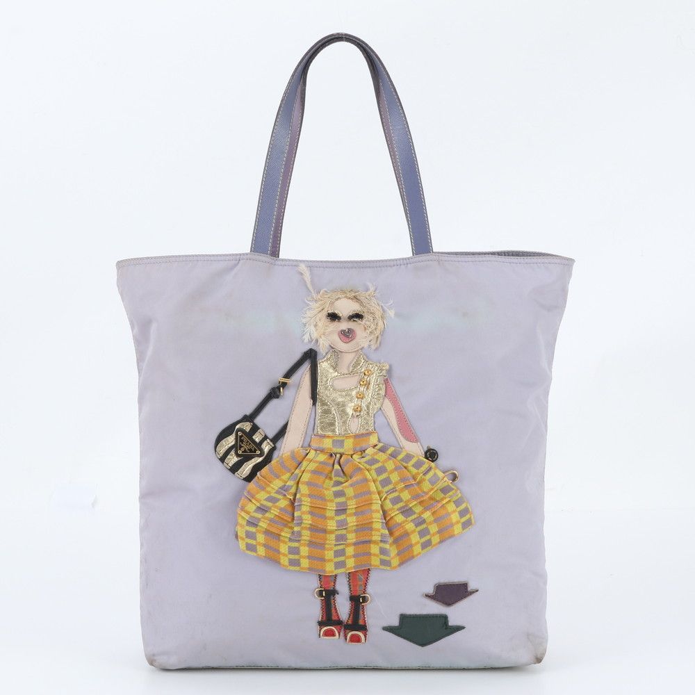 Prada Tessuto Nylon Triangle Logo Doll Embroidery Leather Tote Bag