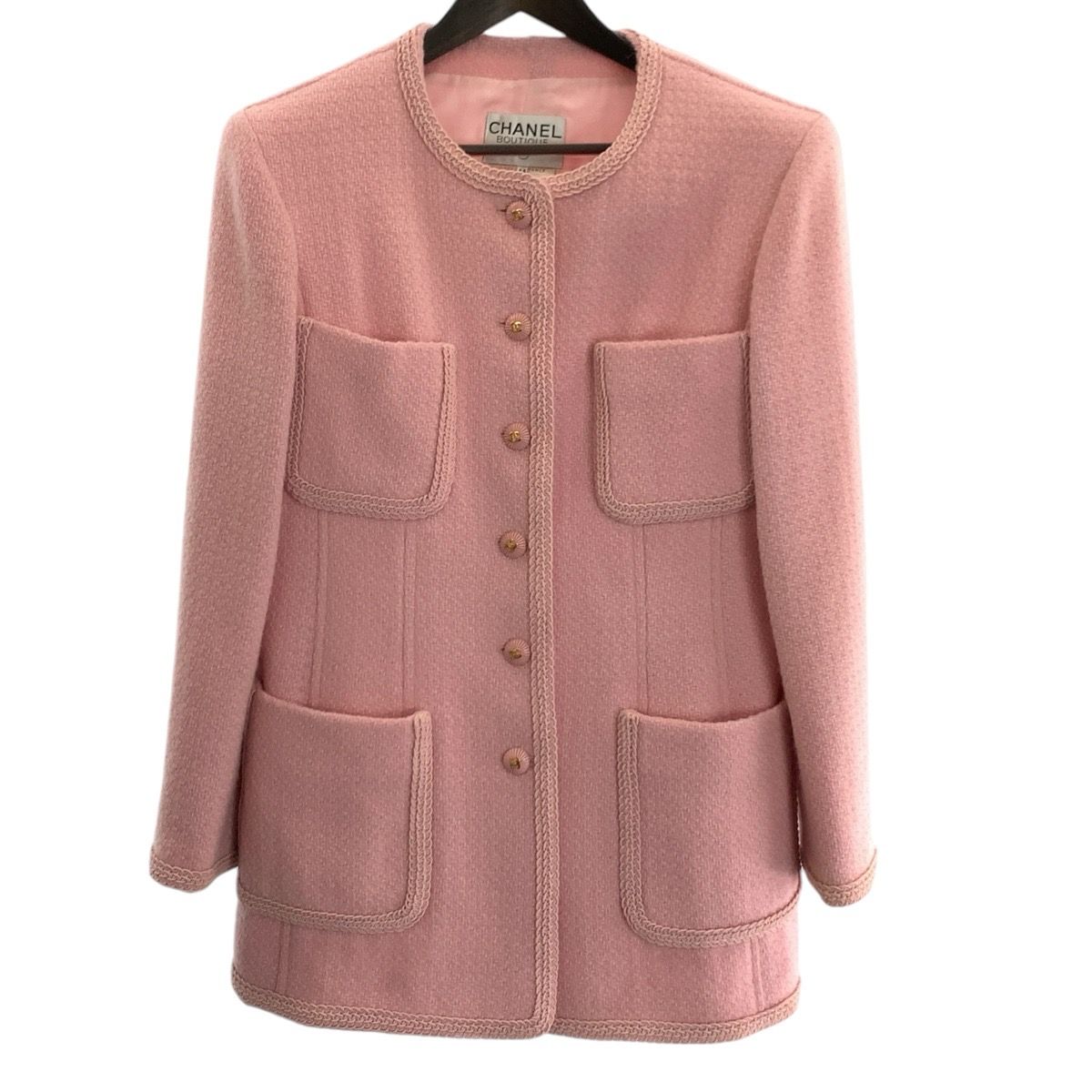 Chanel Vintage Tweed CC Logo Pink Jacket Skirt Suit
