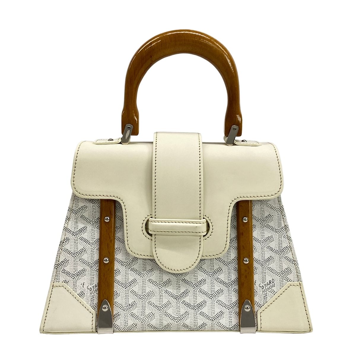 Goyard Handbag Saigon PM White Gray Brown Wood Handle Leather