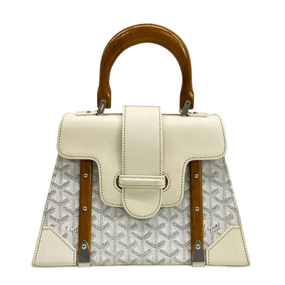 Goyard Handbag Saigon PM White Gray Brown Wood Handle Leather