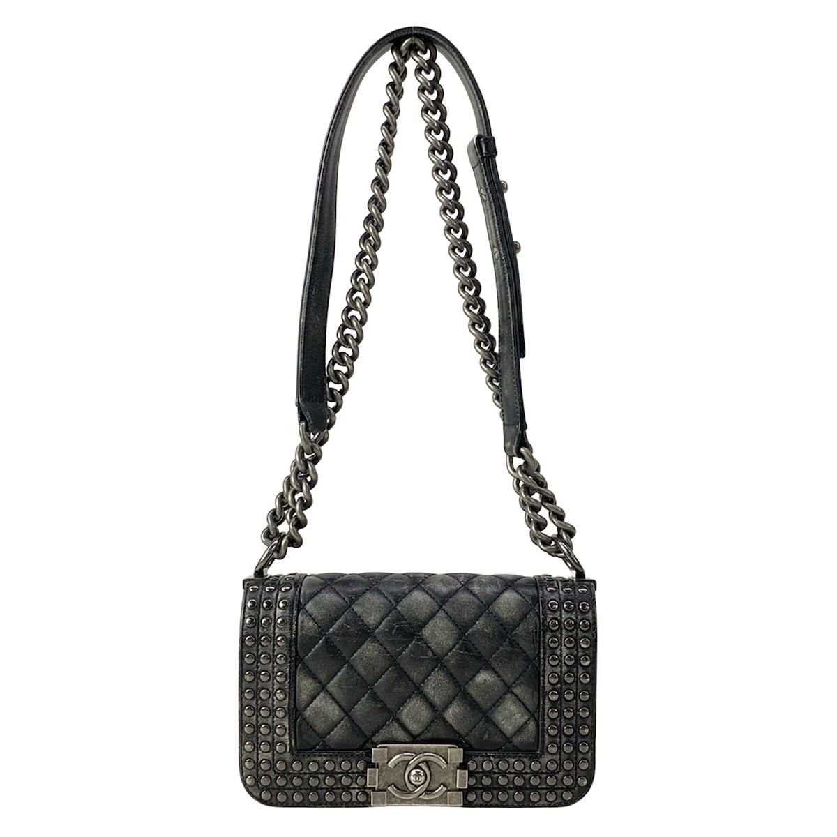 Chanel Shoulder Bag Boy Black Studs Chain Vintage Silver Wash Lambskin