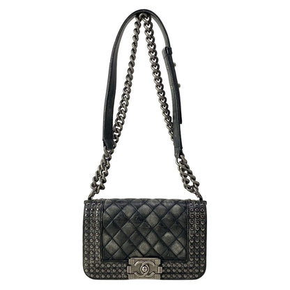 Chanel Shoulder Bag Boy Black Studs Chain Vintage Silver Wash Lambskin