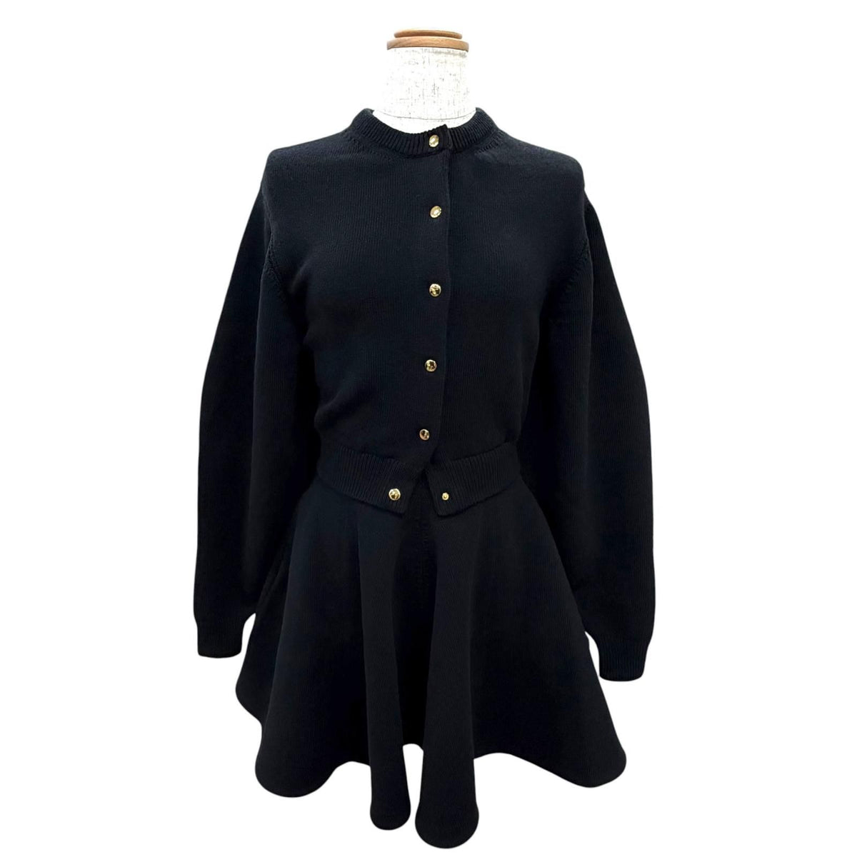 Celine Mini Dress Wool Logo Button Long Sleeve Knit Flare Black XS