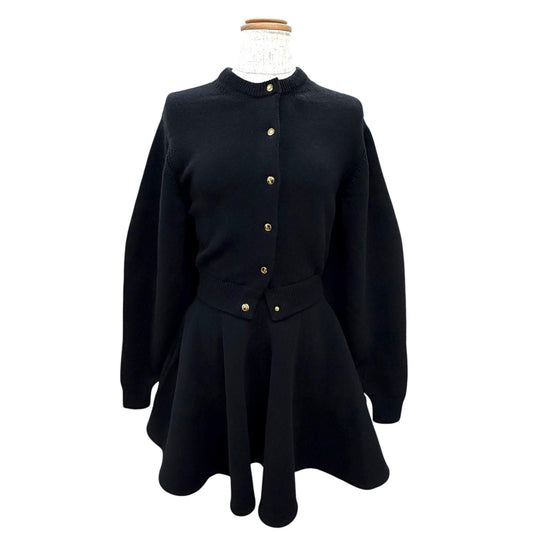 Celine Mini Dress Wool Logo Button Long Sleeve Knit Flare Black XS