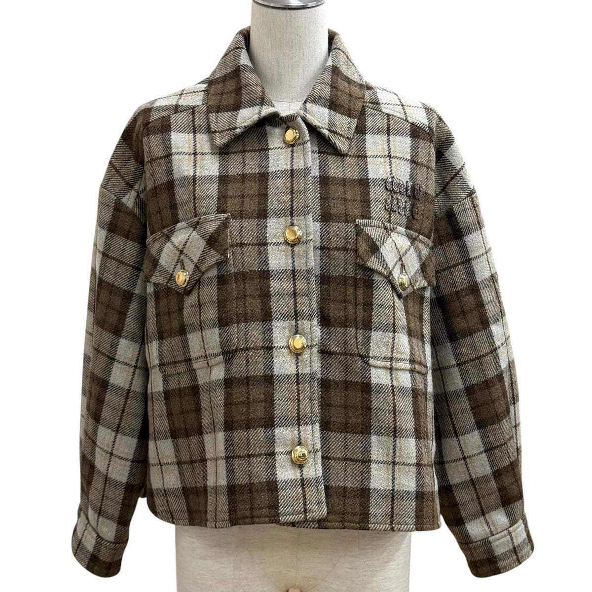 Miu Miu Logo Patch Check Jacket Brown 38