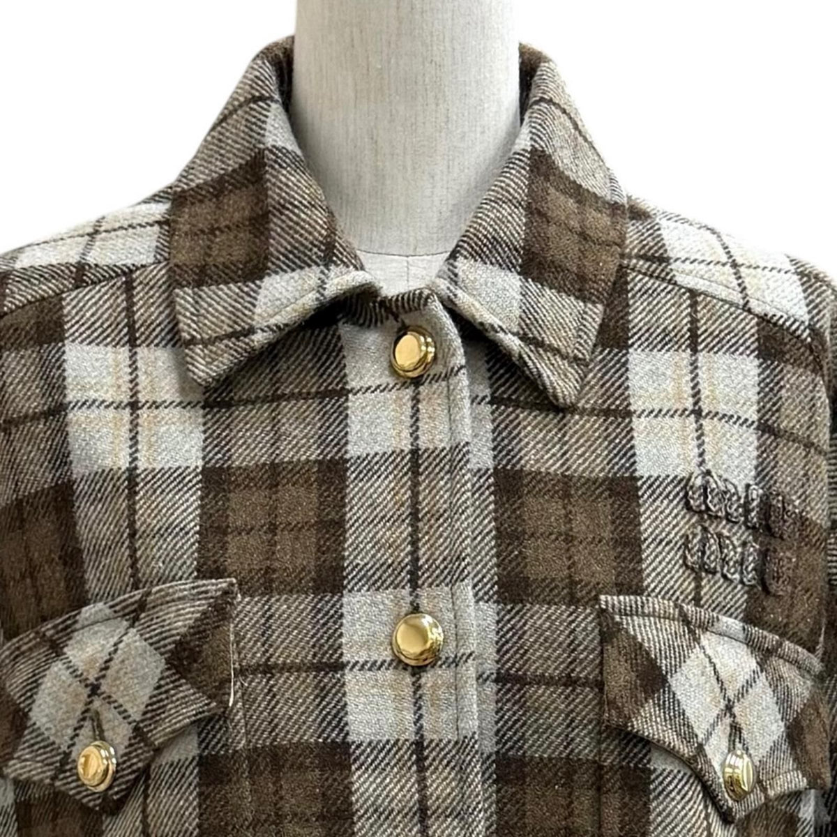 Miu Miu Logo Patch Check Jacket Brown 38 — view 2