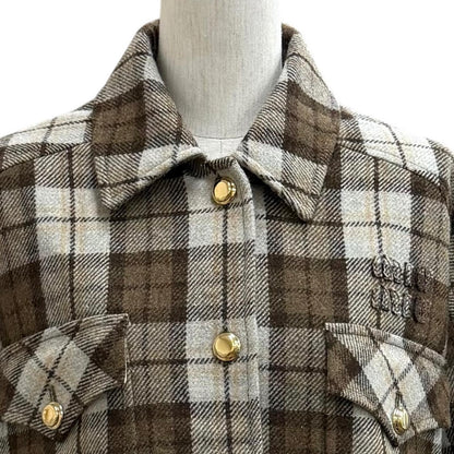 Miu Miu Logo Patch Check Jacket Brown 38 — view 2