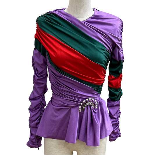 Gucci x Balenciaga Brooch Web Stripe Shirred Top Multi 36