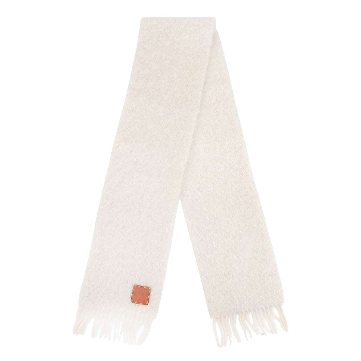 Loewe Mohair Wool Fringe Anagram Leather Patch Scarf Shawl Ivory — view 3