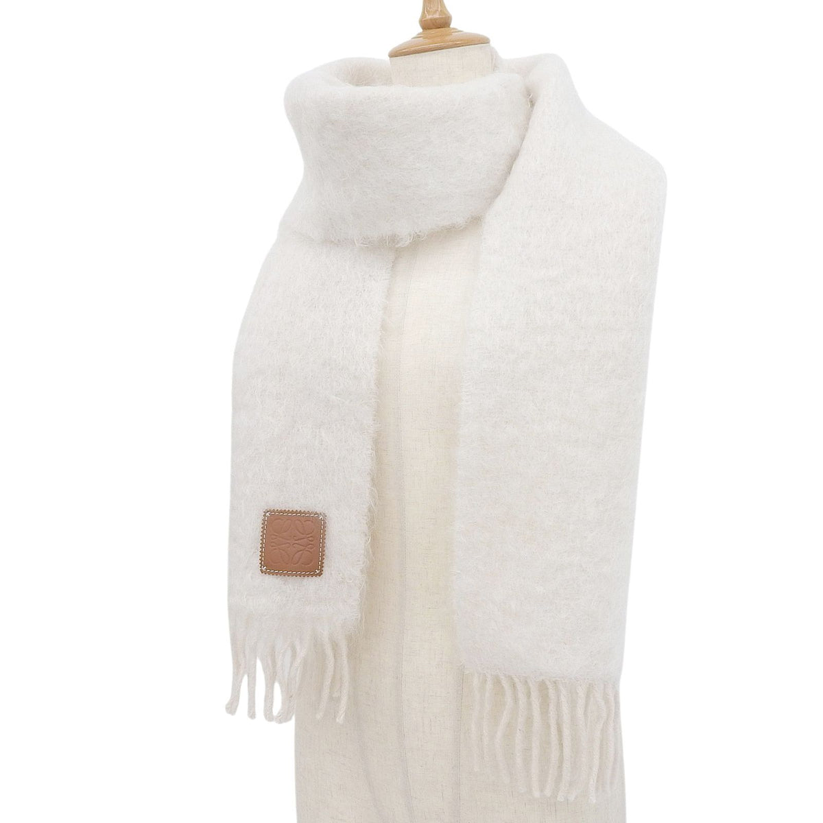 Loewe Mohair Wool Fringe Anagram Leather Patch Scarf Shawl Ivory — view 2