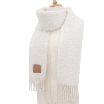Loewe Mohair Wool Fringe Anagram Leather Patch Scarf Shawl Ivory — view 2