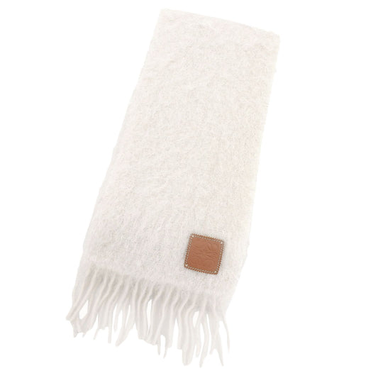 Loewe Mohair Wool Fringe Anagram Leather Patch Scarf Shawl Ivory