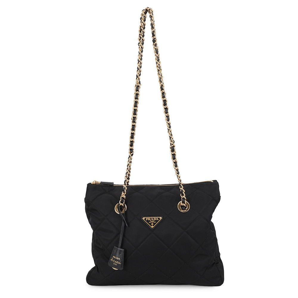 Prada Tote Bag Re Edition Chain Shoulder Nylon Saffiano Leather Black