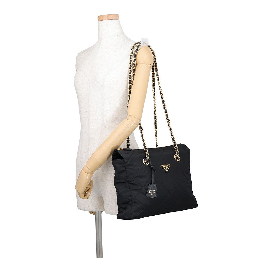 Prada Tote Bag Re Edition Chain Shoulder Nylon Saffiano Leather Black — view 4