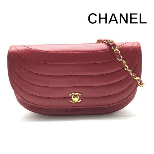 Chanel CC Logo Vintage Half Moon Chain Shoulder Bag Lambskin Leather Red