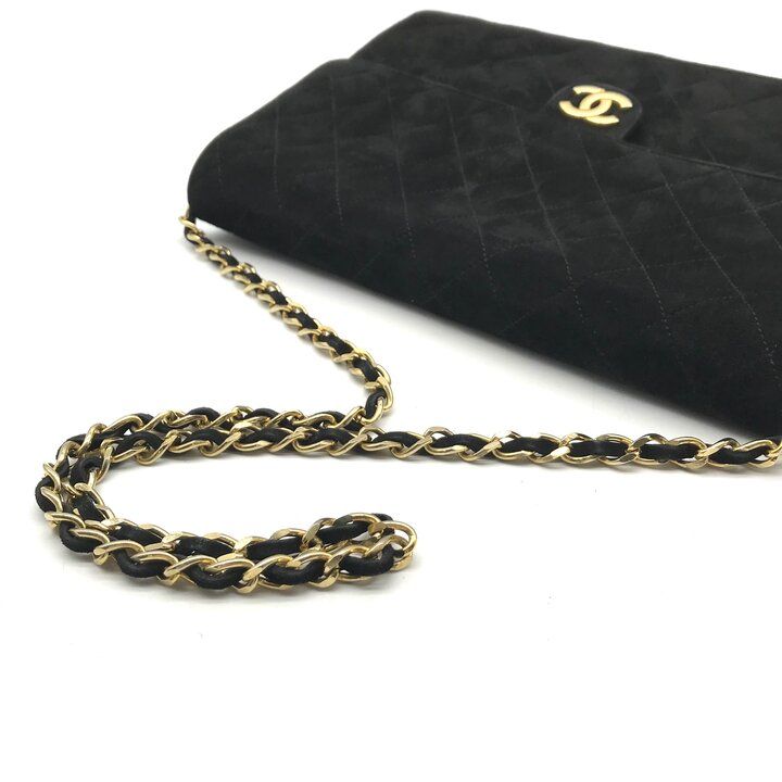 Chanel CC Logo Quilted Suede Chain Shoulder Bag Black Push Lock — view 7