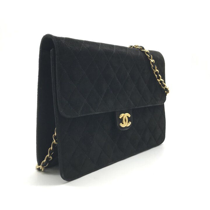 Chanel CC Logo Quilted Suede Chain Shoulder Bag Black Push Lock — view 2