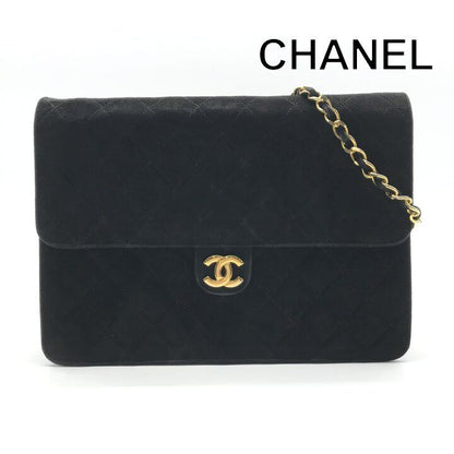 Chanel CC Logo Quilted Suede Chain Shoulder Bag Black Push Lock