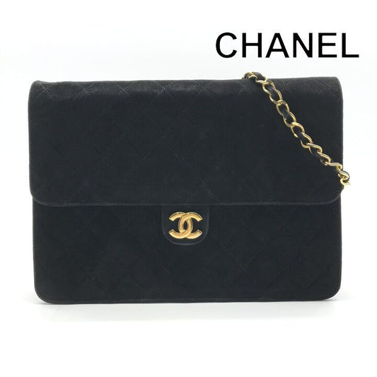 Chanel CC Logo Quilted Suede Chain Shoulder Bag Black Push Lock