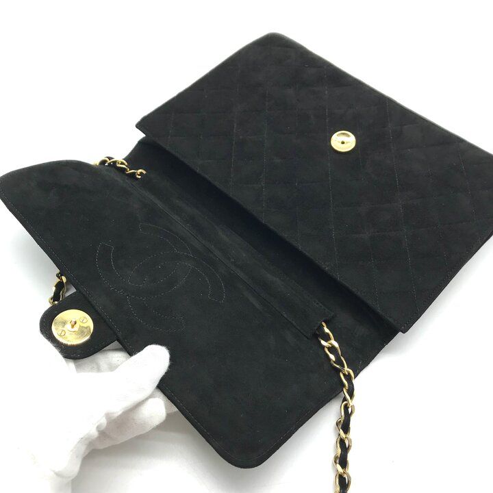 Chanel CC Logo Quilted Suede Chain Shoulder Bag Black Push Lock — view 8