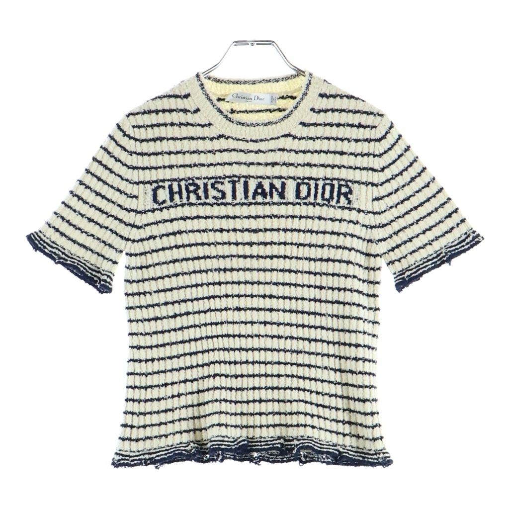 Dior Maniere Short Sleeve Knit White Navy Cotton Sweater