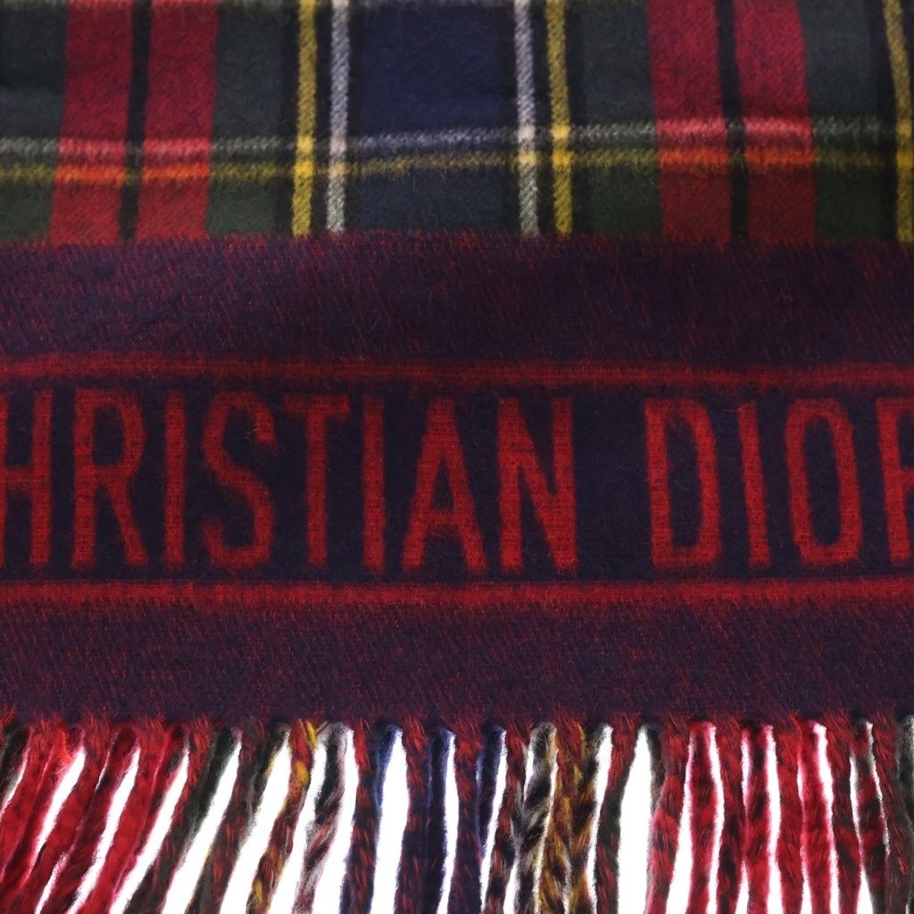 Dior Plaid Fringe Scarf Red Green Wool Shawl — view 3