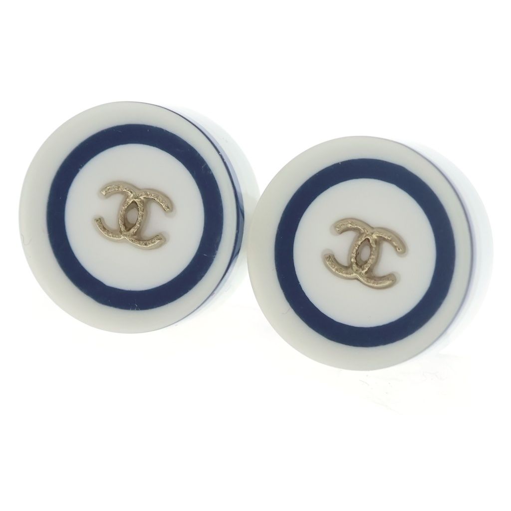 Chanel CC Logo Plastic Round Earrings 10C White Blue