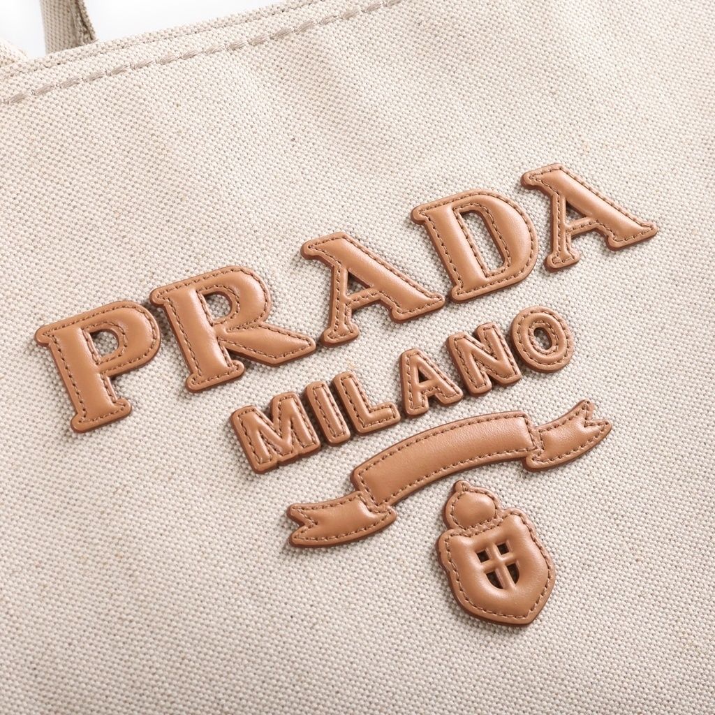 Prada Jardiniere Linen Blend Tote Bag Ivory Leather Gold — view 6