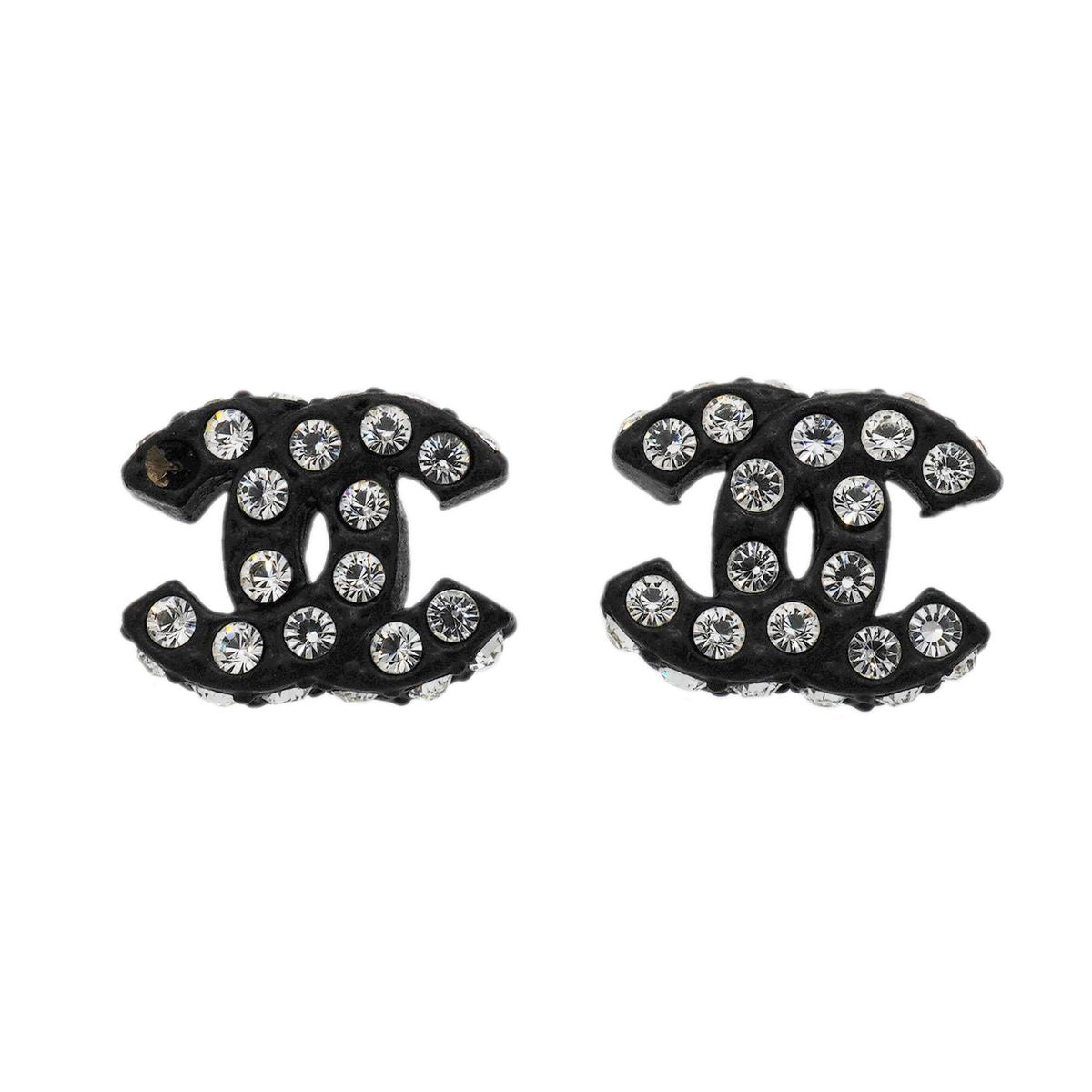 Chanel Earrings CC Logo Plastic Metal Rhinestone Silver Black