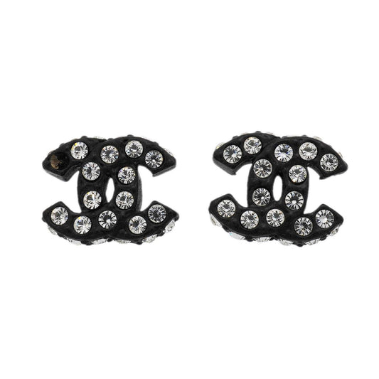 Chanel Earrings CC Logo Plastic Metal Rhinestone Silver Black
