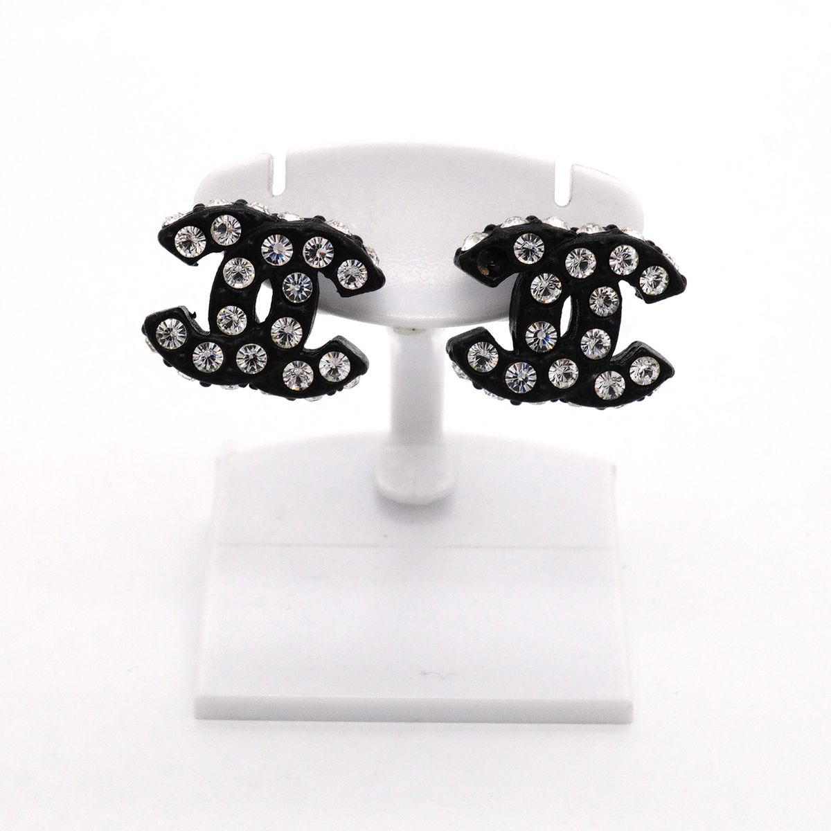 Chanel Earrings CC Logo Plastic Metal Rhinestone Silver Black — view 2