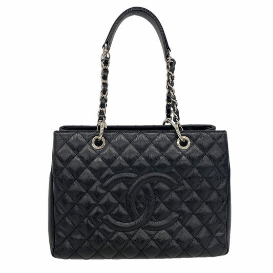 Chanel Chain Tote Bag Quilted Caviar Leather Black Silver