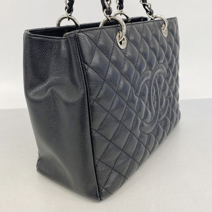 Chanel Chain Tote Bag Quilted Caviar Leather Black Silver — view 2