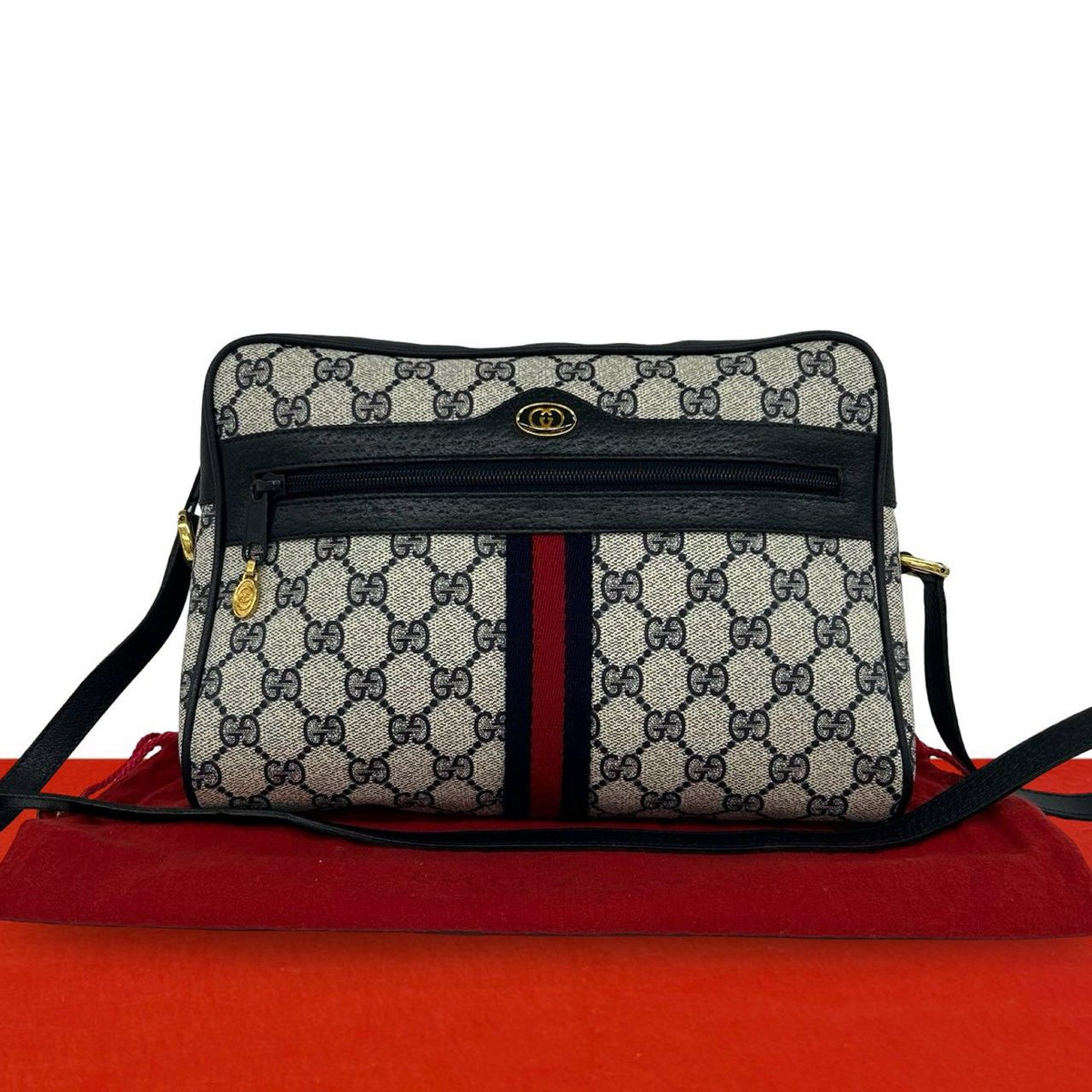 Gucci Vintage Sherry Line GG Logo Leather Shoulder Bag Navy