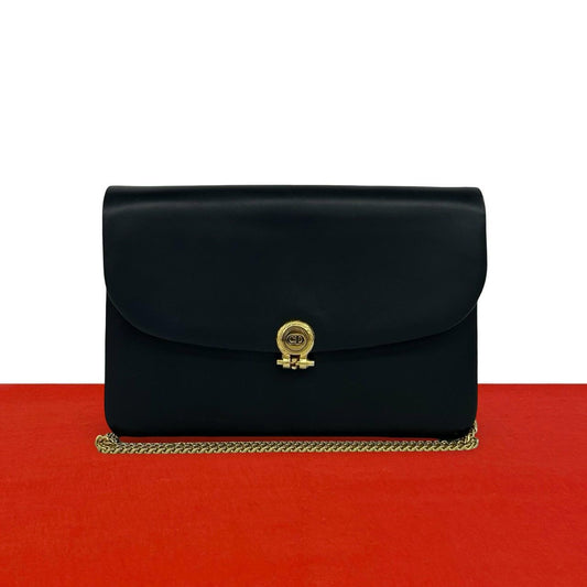 Dior Vintage CD Logo Leather Chain Shoulder Bag Pochette Black
