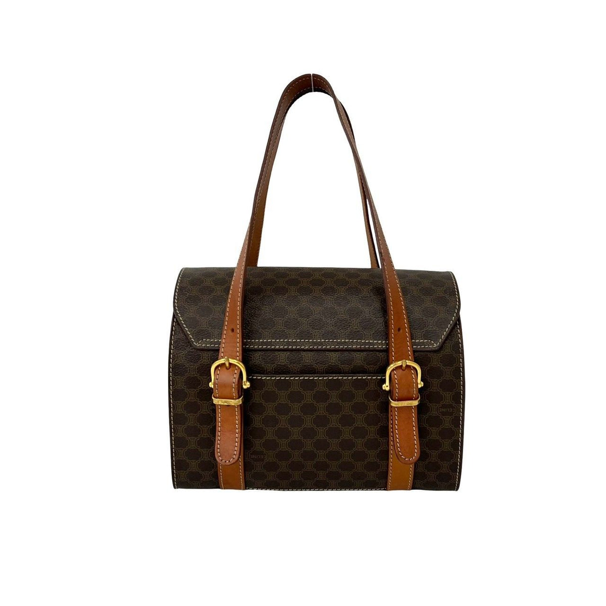 Celine Vintage Macadam Blason Pattern Logo Leather Mini Boston Bag Brown — view 3