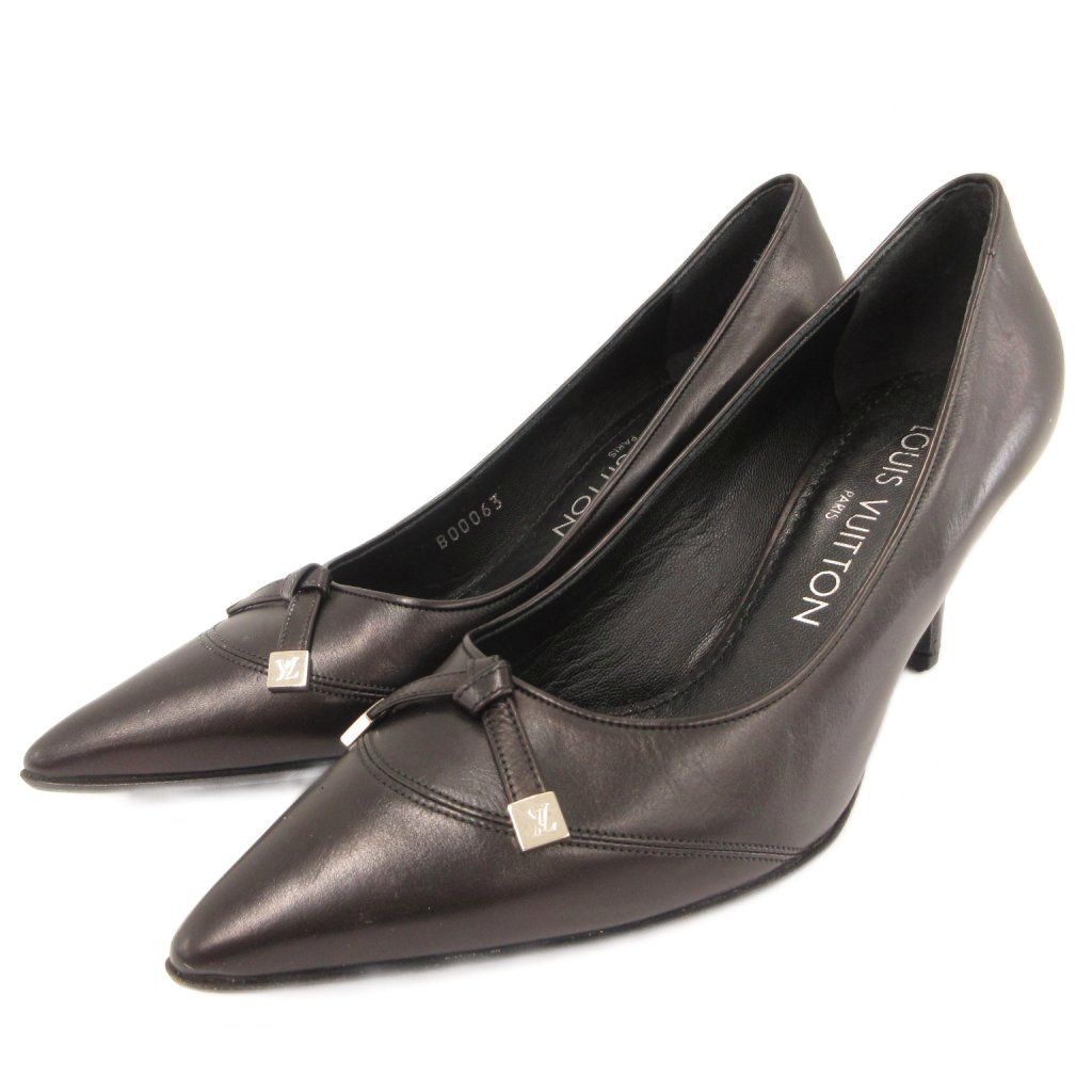 Louis Vuitton LV Monogram Metal Logo Leather Pumps Shoes Pointed Toe Ribbon