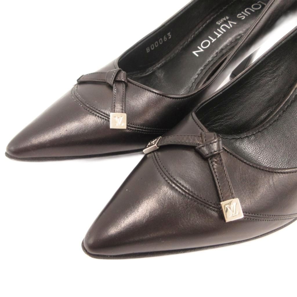 Louis Vuitton LV Monogram Metal Logo Leather Pumps Shoes Pointed Toe Ribbon — view 5