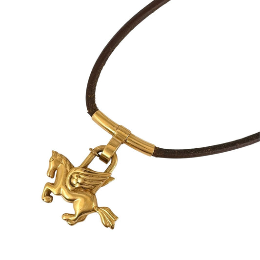 Hermes Pegasus Choker Leather Gold Cadena Motif 2-Way Necklace
