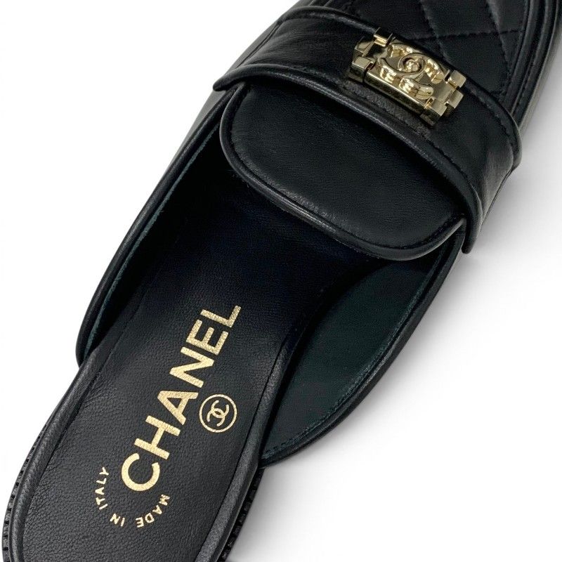 Chanel Flat Shoes Lambskin Black Gold CC Logo Quilted Boy Mules — view 7