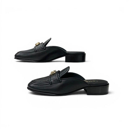 Chanel Flat Shoes Lambskin Black Gold CC Logo Quilted Boy Mules — view 3